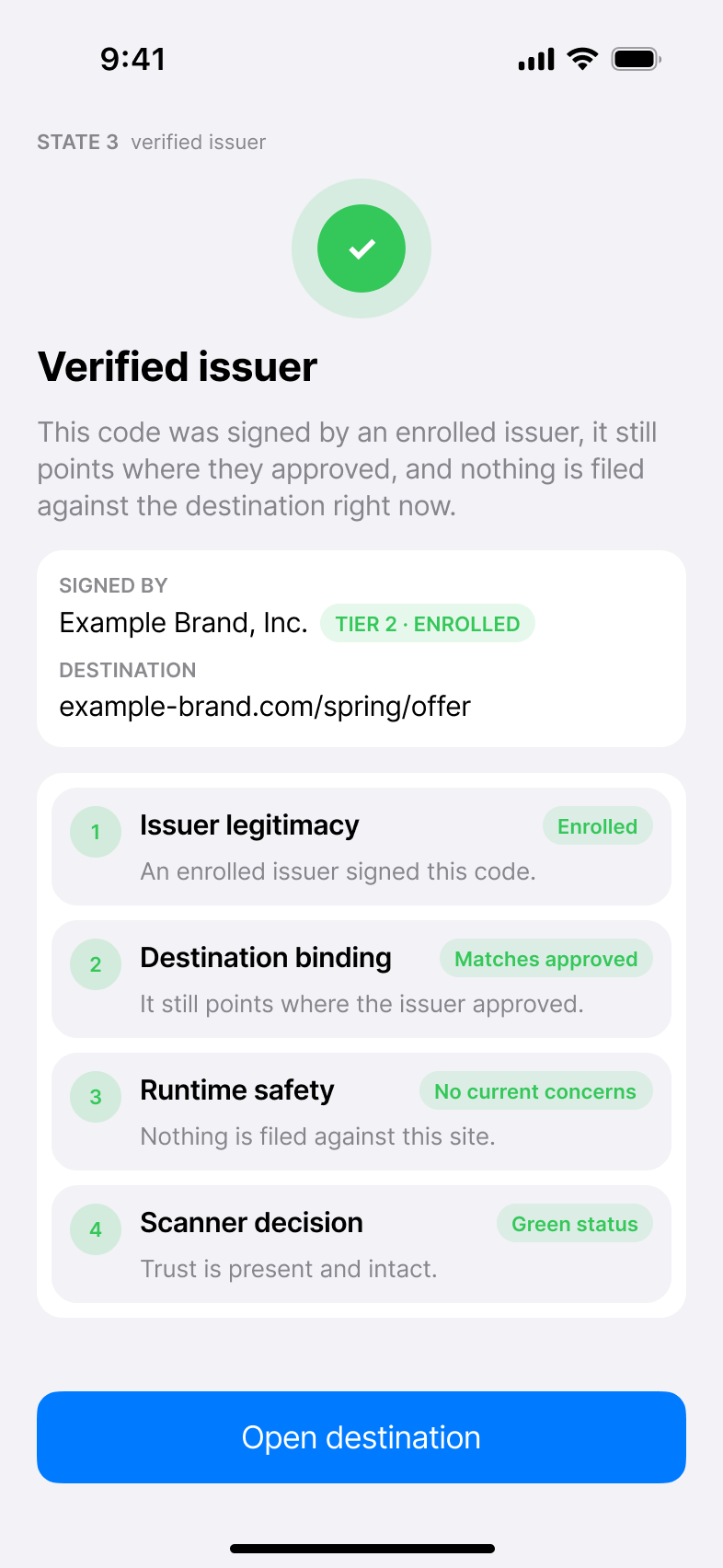 State 3 of the QR Trust scanner: a green circle with a checkmark above the
headline "Verified issuer", a card naming Example Brand, Inc. with a TIER 2
ENROLLED badge and the destination example-brand.com/spring/offer, and a trust
strip reading Enrolled, Matches approved, No current concerns, Green
status.